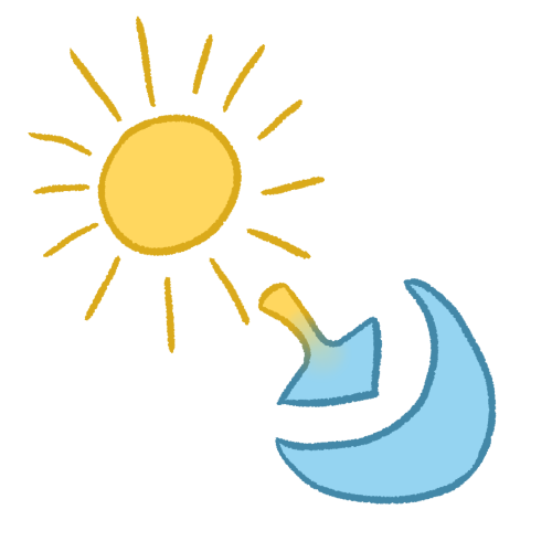 a yellow sun and a light blue crescent moon, with a yellow-to-blue gradient arrow between them pointing from the sun to the moon.
